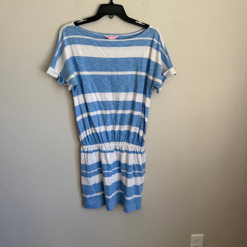 Lilly Pulitzer Carmine Blue White Stripe 100% Cotton Drop Waist Dress Womens XS